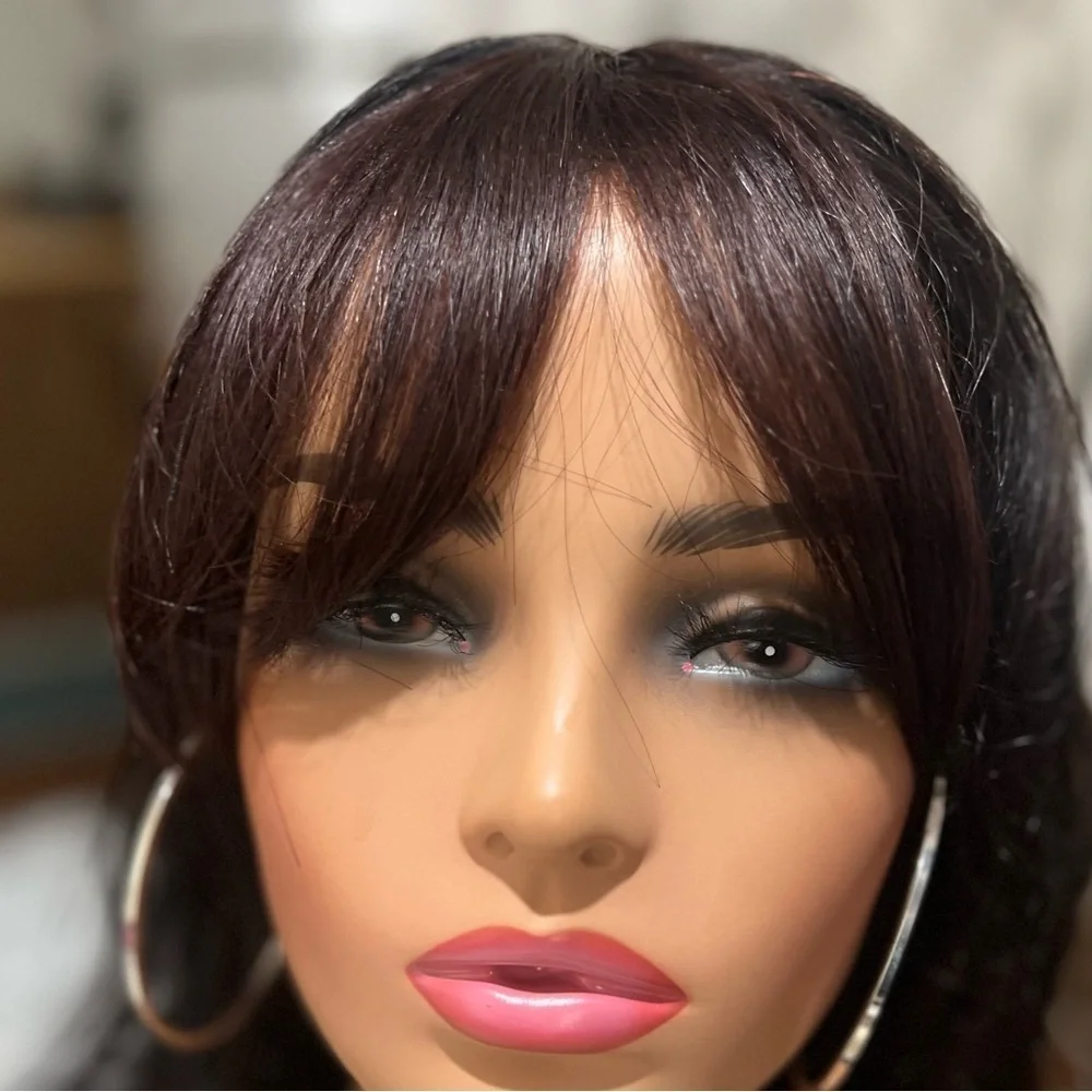 100% Human hair Clip in Bangs Dark Red Brown
